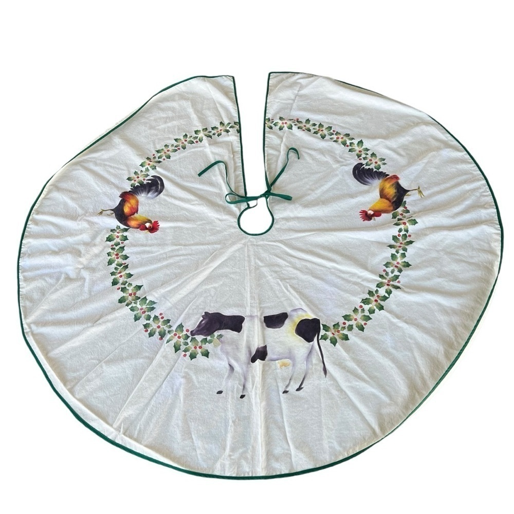 Handpainted Country Farm Christmas Tree Skirt Cow Rooster Holly Berries 54”
